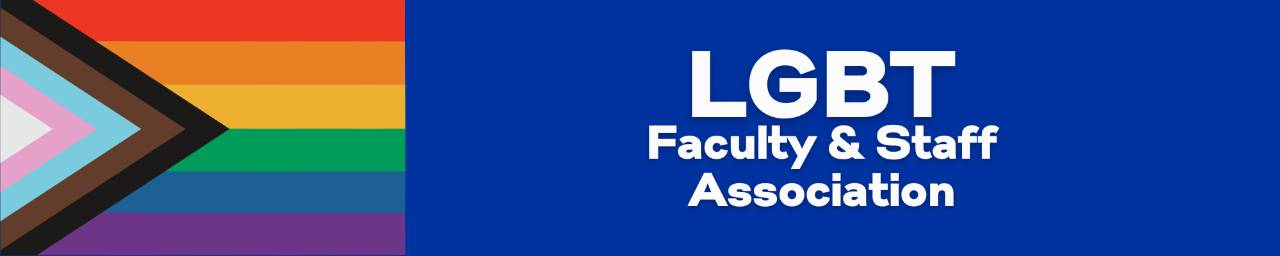 Banner of the Progress Pride Flag with text reading "LGBT Faculty & Staff Association"